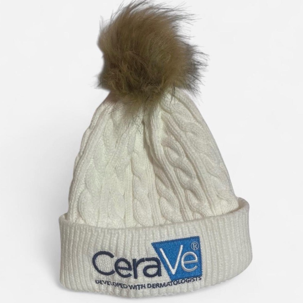 Cerave White Knit Hat With Faux Fur PomPom
